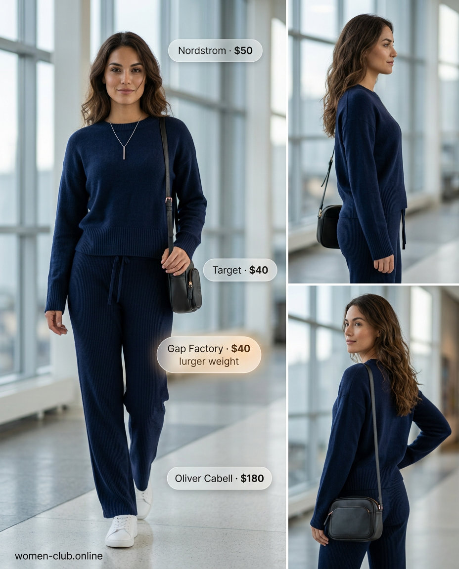Navy blue knit joggers with matching sweater, white sneakers & silver necklace for summer outfits women 2026 travel.
