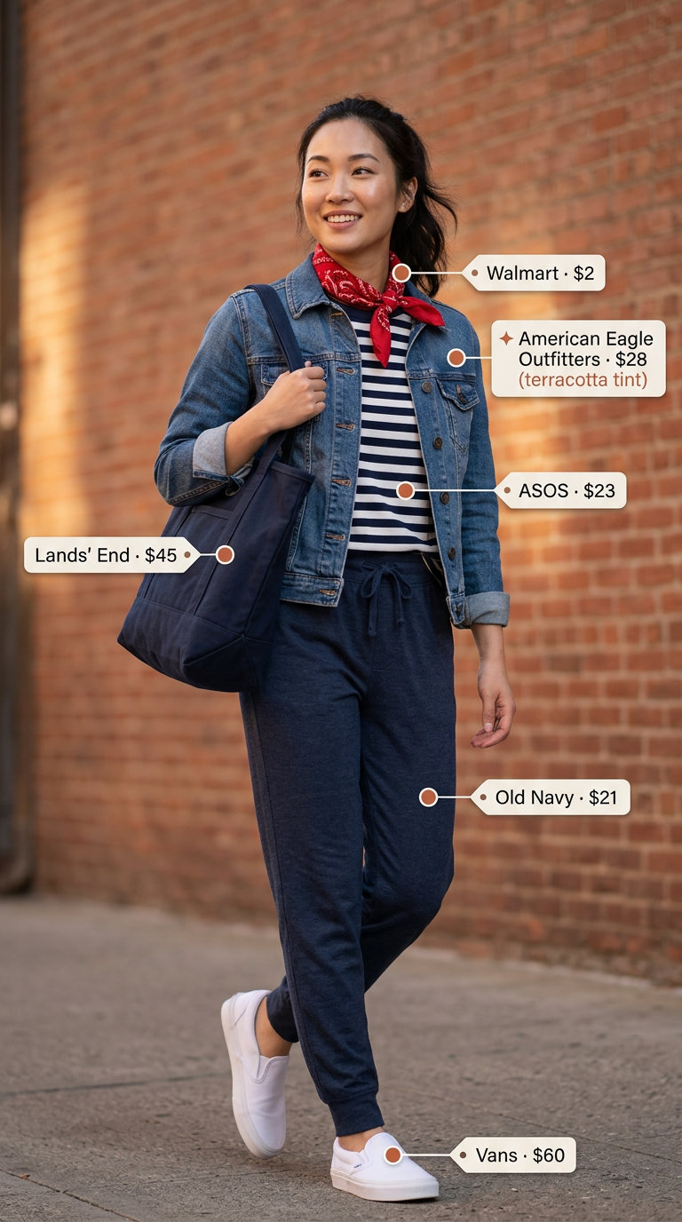 Navy jersey joggers with striped tee, denim jacket & sneakers for summer outfits women 2026 weekend style.