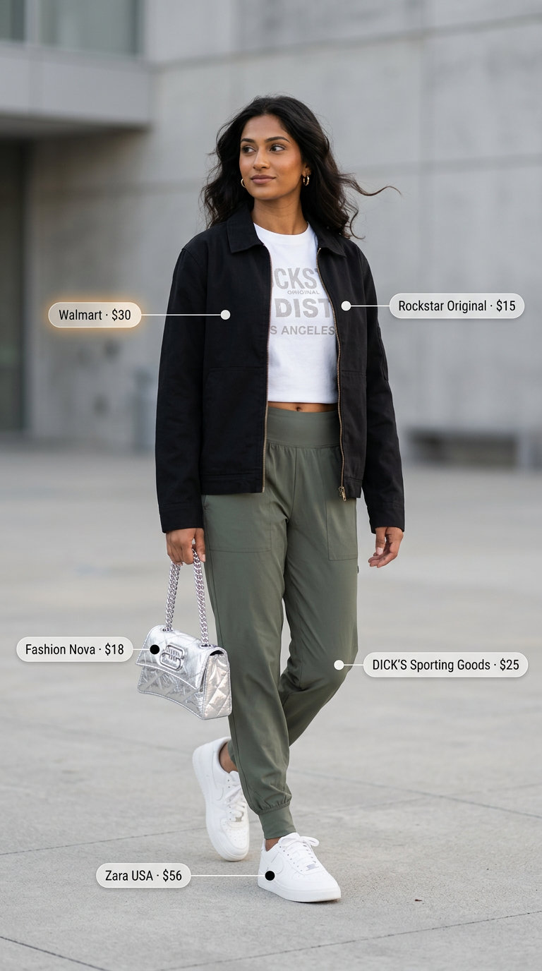 Olive green jogger pants with utility jacket and graphic tee for summer outfits 2026.