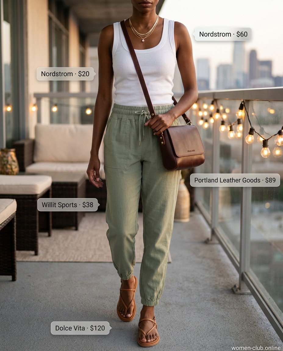 Sage green linen joggers with white tank, cognac bag & gold necklace for summer outfits women 2026 lounge style.