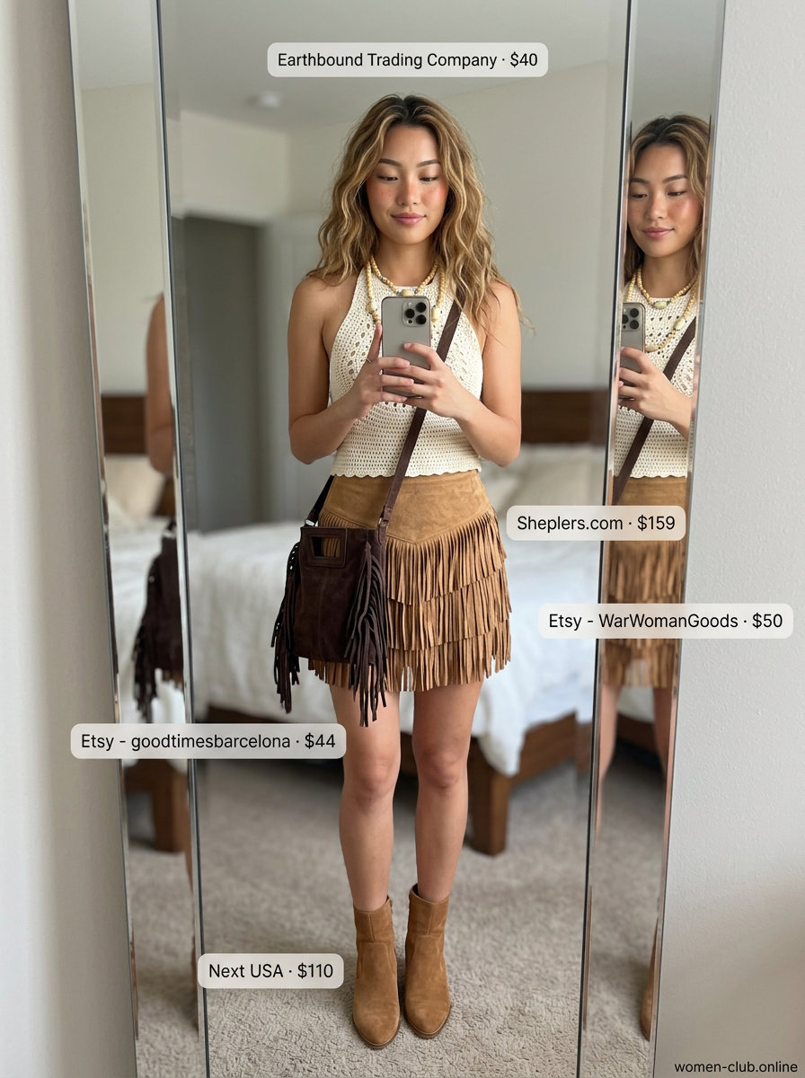 Tan suede fringe skirt outfit for women, perfect for boho summer festivals in 2026. Free-spirited and artistic.