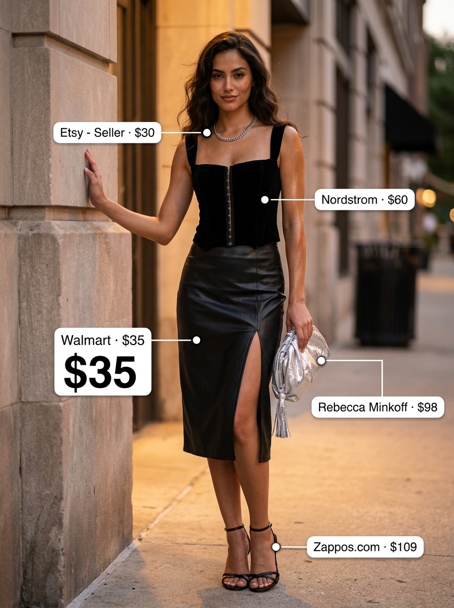 Black vegan leather skirt outfit for women, edgy for city nights out in 2026. Glamorous and confident.