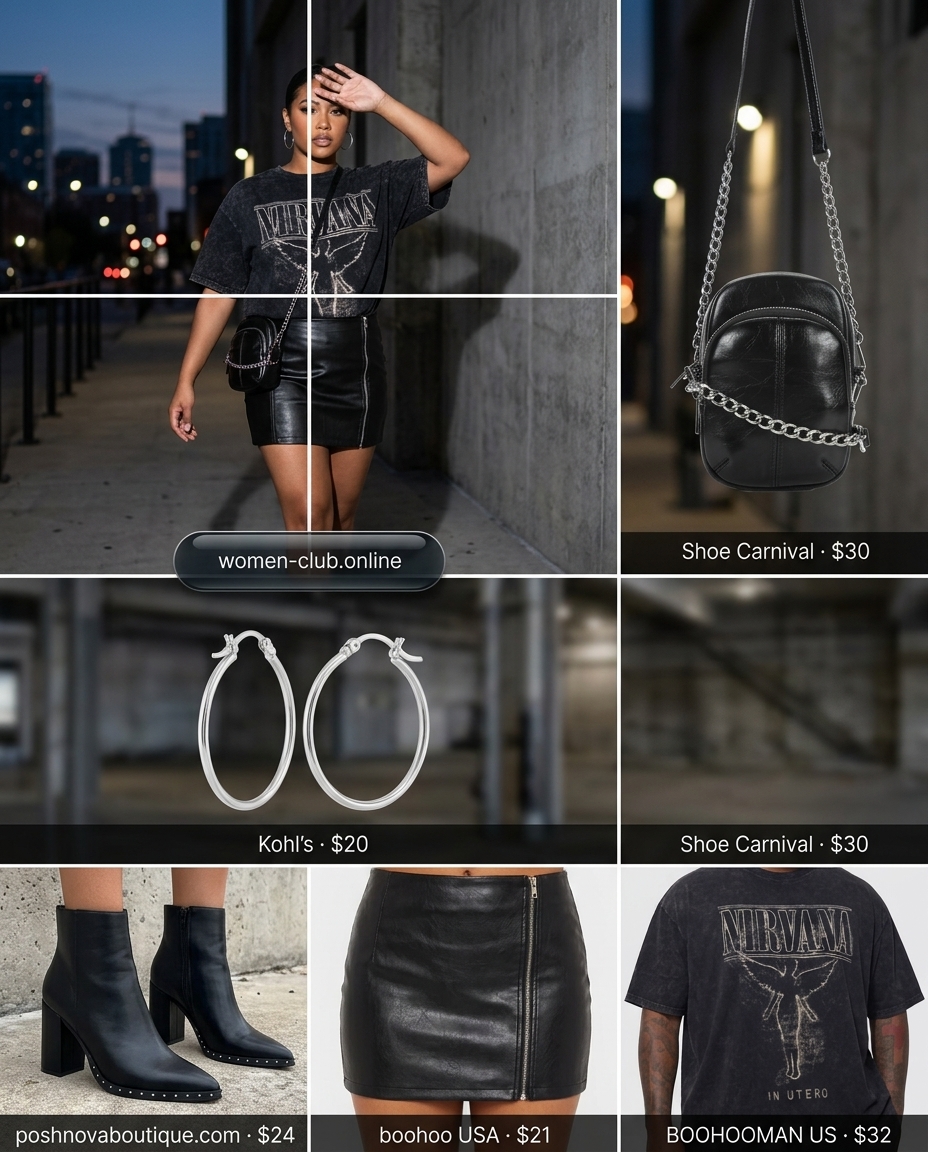 Black faux leather mini skirt outfit for women, edgy for night outs in 2026. Bold and confident.