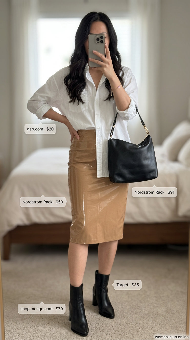Camel leather midi skirt outfit for women, sophisticated for summer evening events in 2026. Equestrian chic.