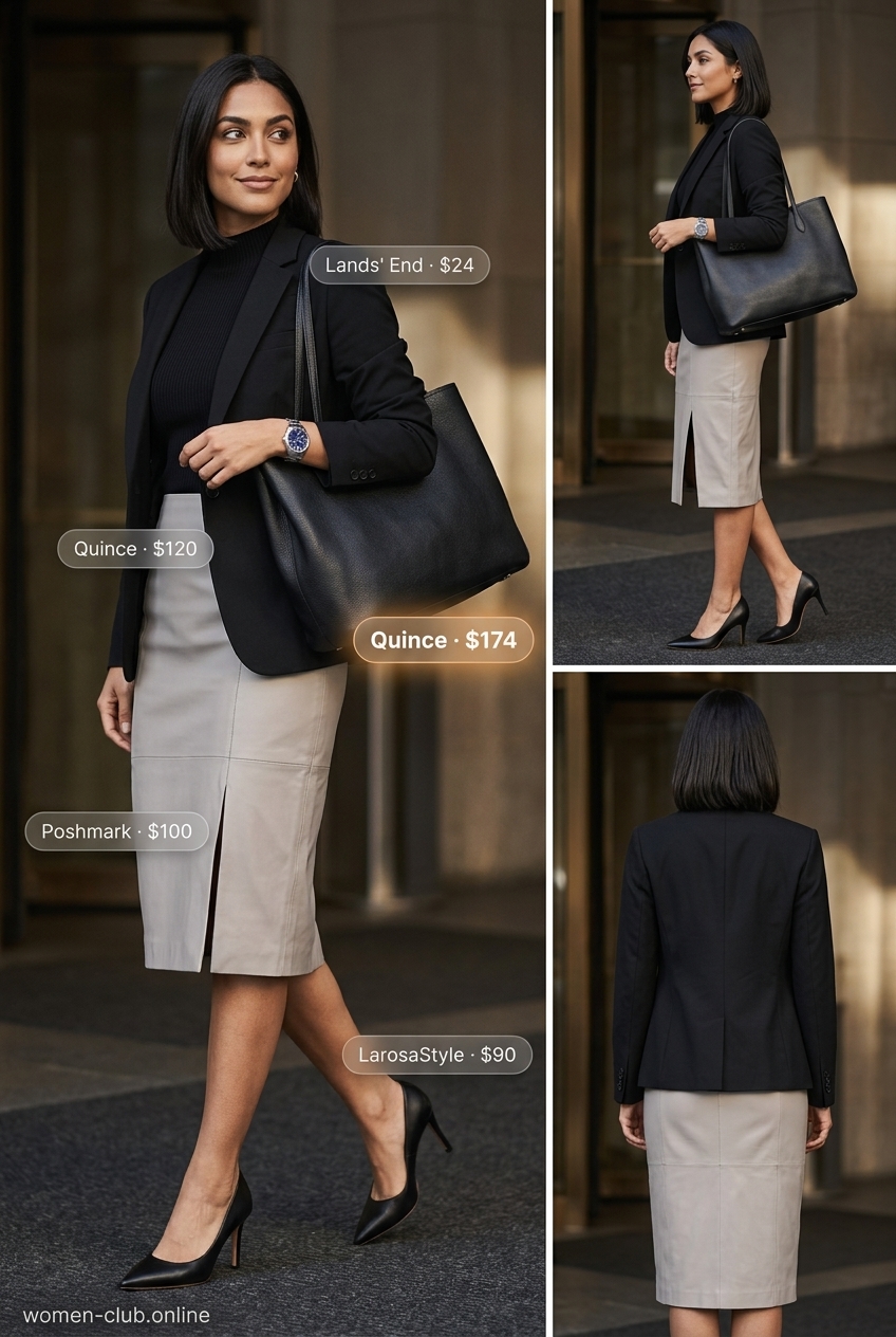 Grey leather pencil skirt outfit for women, modern for summer office wear in 2026. Polished and confident.