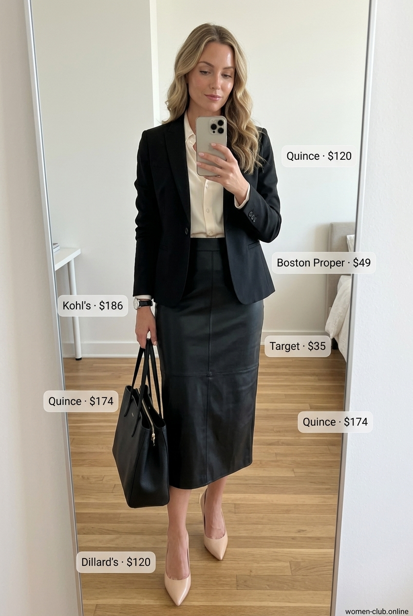 Black leather pencil skirt outfit for women, perfect for summer office wear in 2026. Professional and polished.