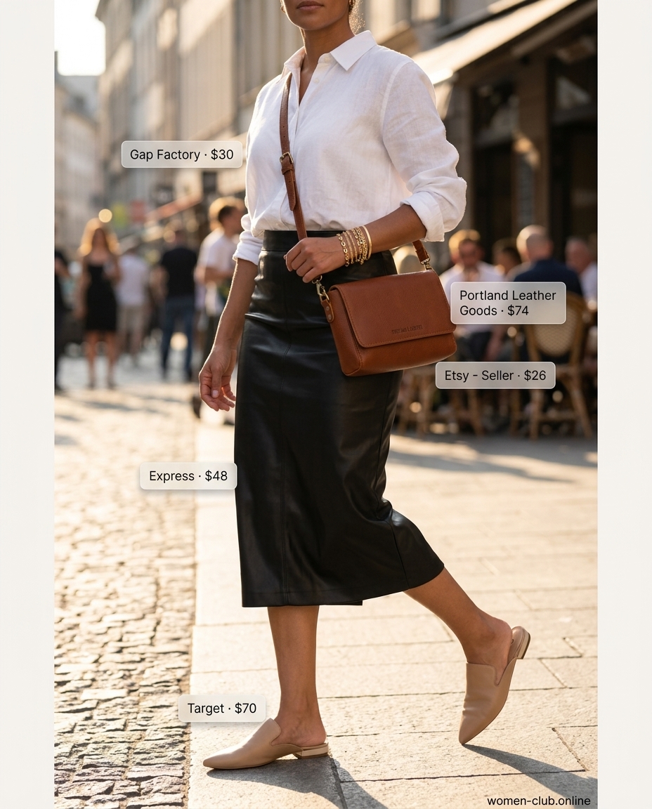 Urban explorer outfit: black faux leather midi skirt, oversized white linen shirt, tan mules, and tan crossbody bag. Summer Leather Skirt Outfits for Women 2026.
