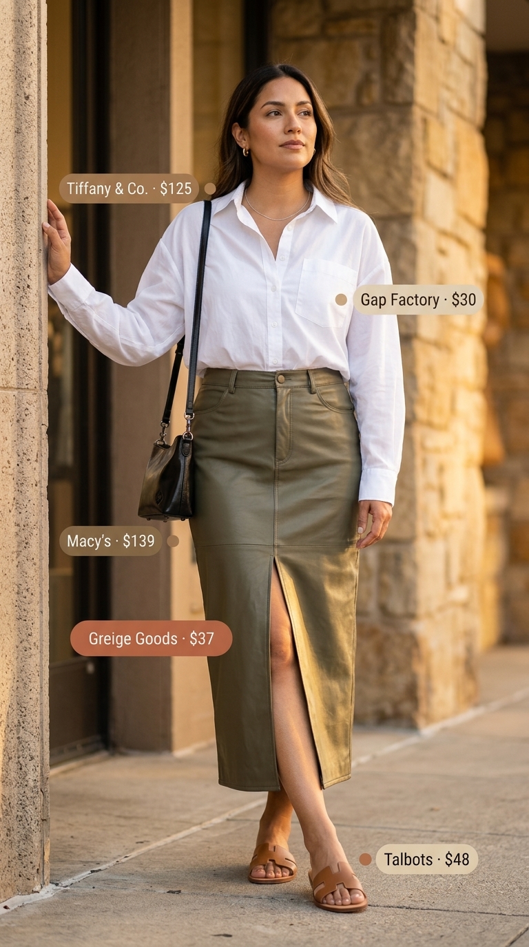 Chic urban outfit: black leather pencil skirt, oversized white shirt, tan slides, and silver necklace. Summer Leather Skirt Outfits for Women 2026.
