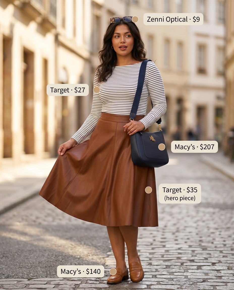 Chic weekend outfit: camel faux leather mini skirt, striped boat neck top, loafers, and navy crossbody. Summer Leather Skirt Outfits for Women 2026.