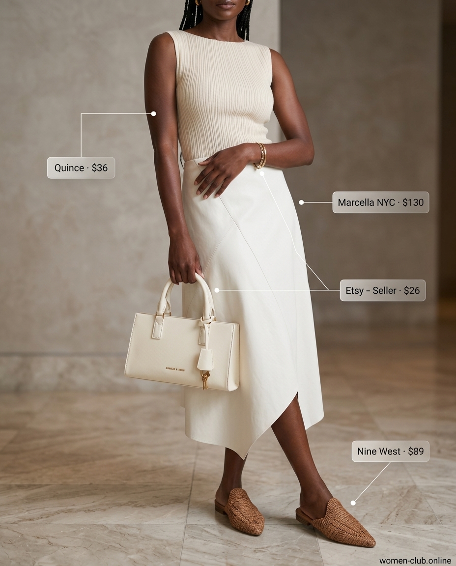 Monochrome elegance: cream faux leather midi skirt, fine knit top, beige mules, and top-handle bag. Summer Leather Skirt Outfits for Women 2026.