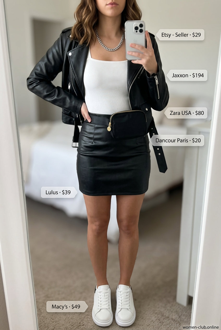 Edgy urban summer leather skirt outfit: Faux leather mini skirt, graphic tee, moto jacket & platform sneakers.