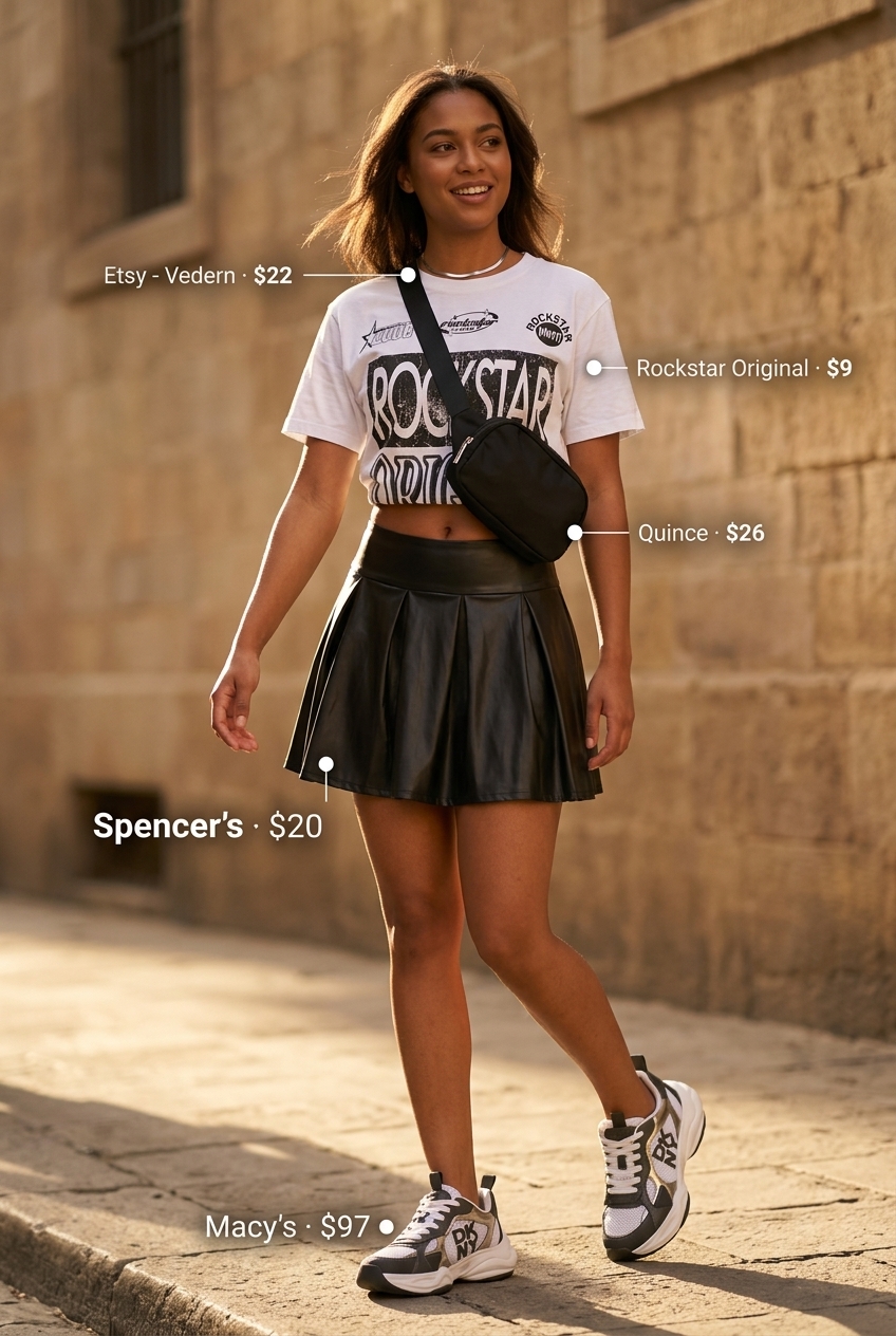 Cool girl summer leather skirt outfit: Faux leather skater skirt, graphic tee, chunky sneakers & belt bag.