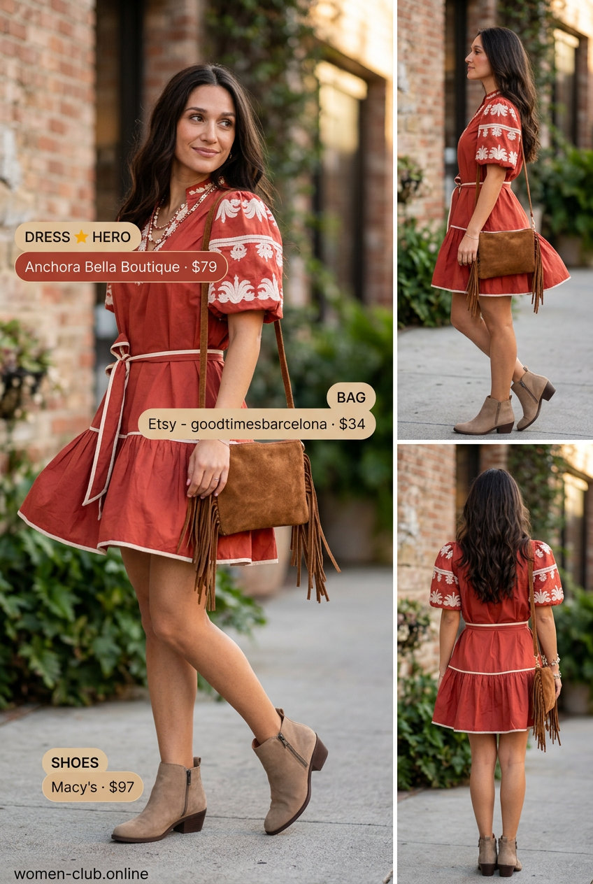 Boho Summer Mini Dress Outfit: Terracotta embroidered dress, tan suede boots & fringe bag. Perfect for festivals.