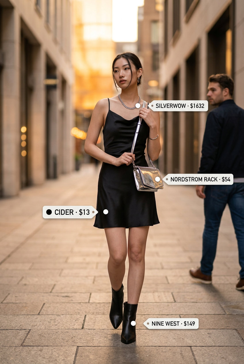 City explorer outfit: Black slip dress, silver chain, ankle boots, and crossbody bag for edgy style.
