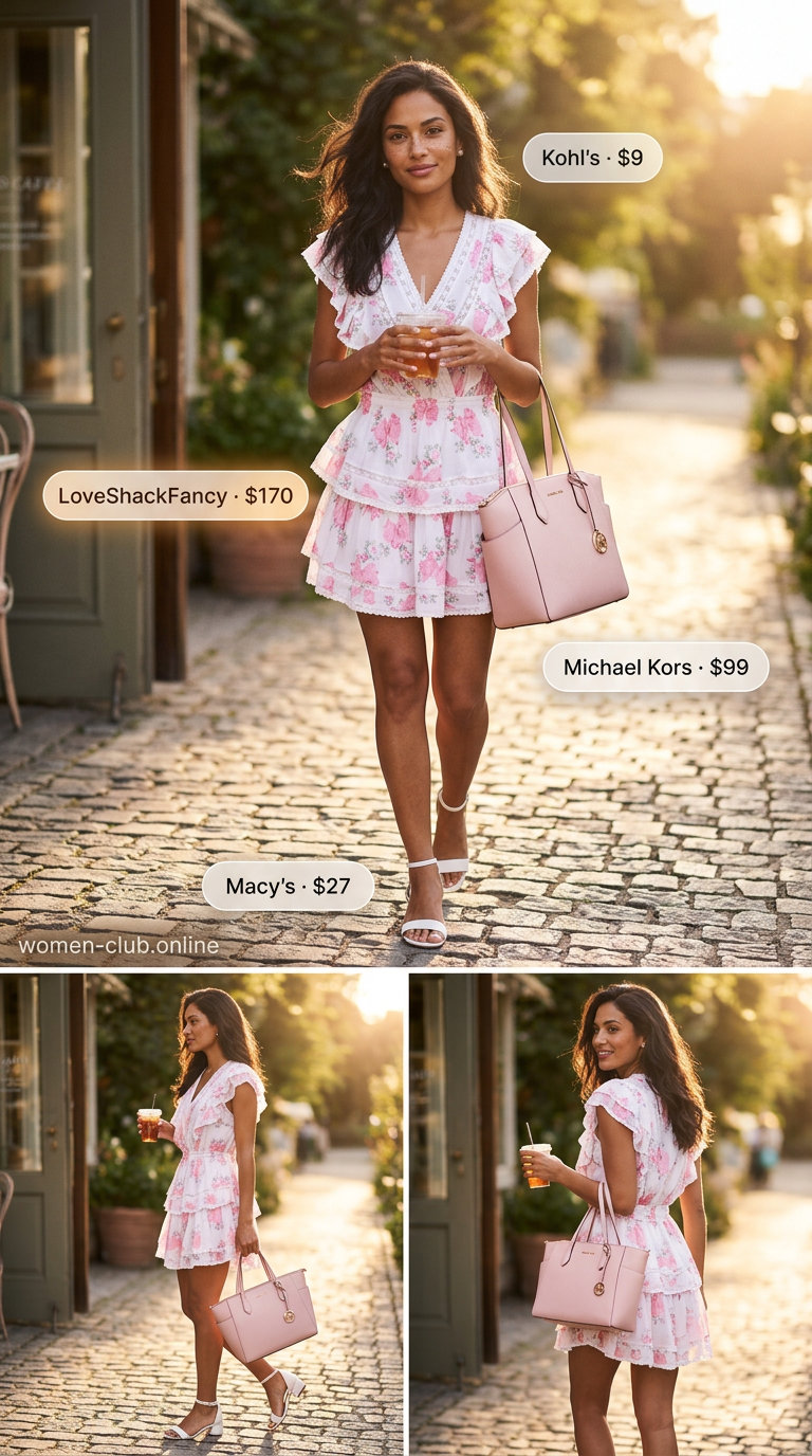 Summer mini dress outfit: Pastel pink floral print dress, pearl earrings, block heels, and tote for garden party.