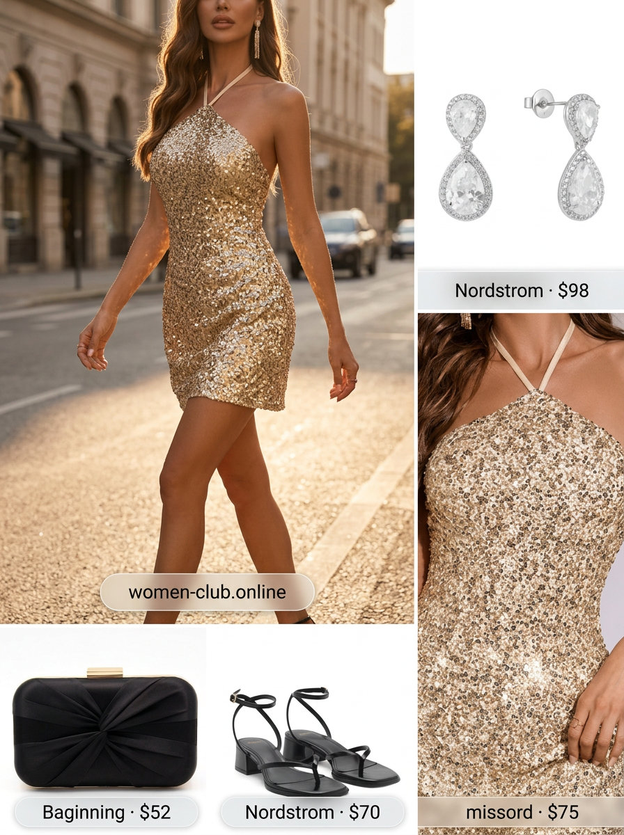 Golden Hour Glow Mini: Gold sequin mini dress with black strappy heels, silver earrings & black clutch. Summer mini dress outfits for women 2026.