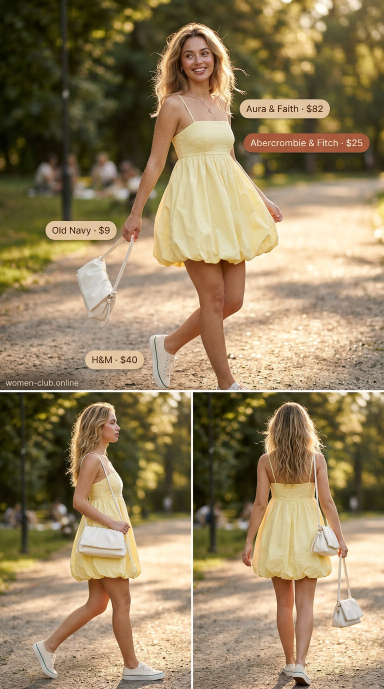 Sweet Pastel Mini Dress Outfit: Yellow babydoll dress, white sneakers & rose gold necklace. For picnics.