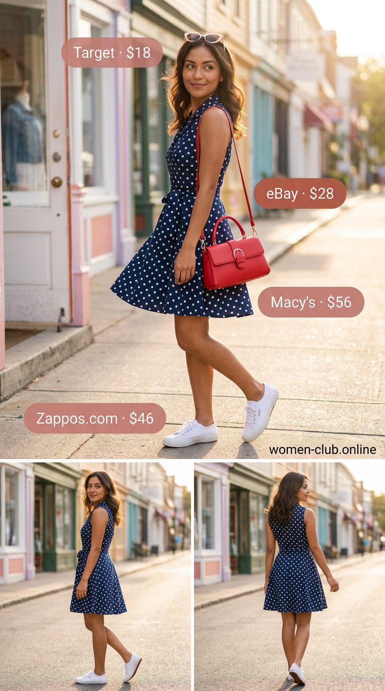 Retro Charm Mini: Navy polka dot mini dress with white sneakers, red top-handle bag & cat-eye sunglasses. Summer mini dress outfits for women 2026.