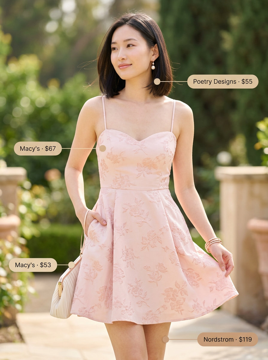 Romantic midi dress outfit: Blush pink chiffon midi dress, rose gold earrings, and strappy heels for elegant events.