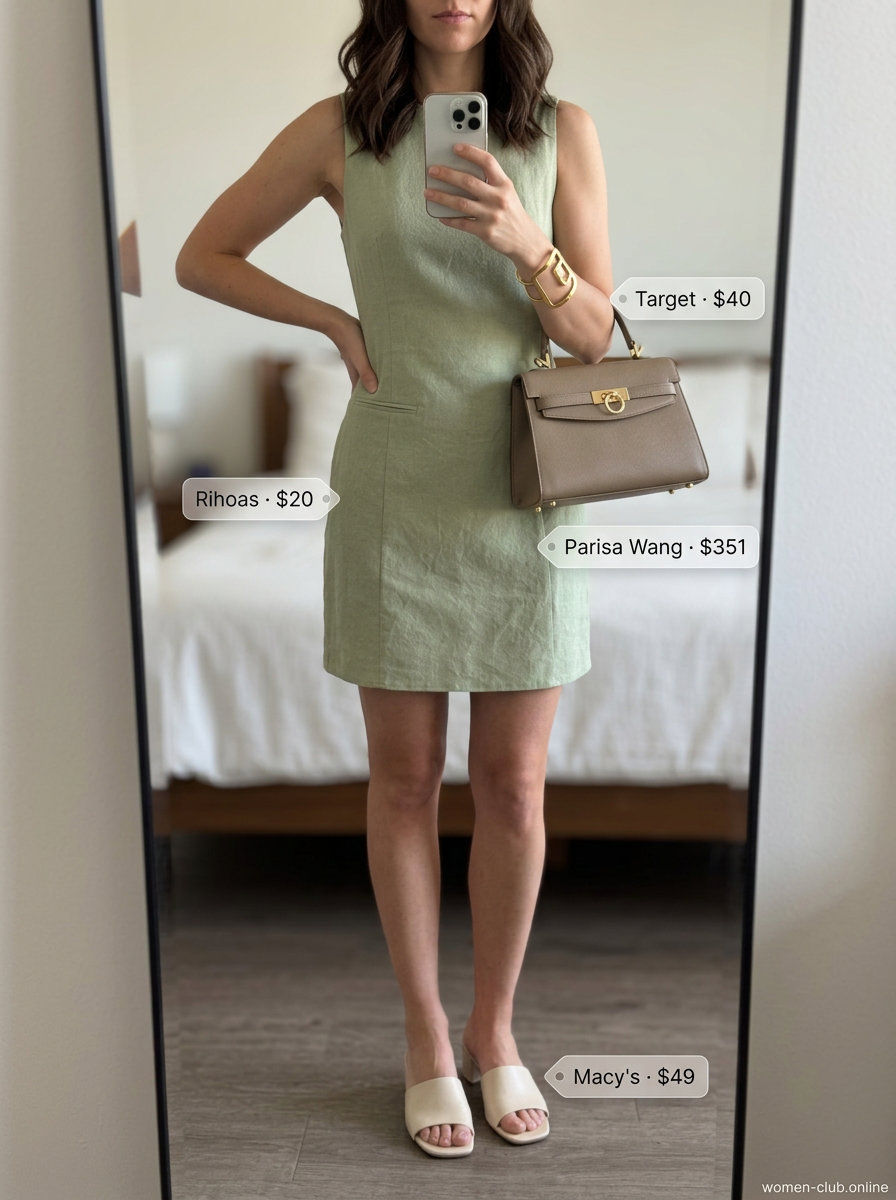 Modern Minimalist Sage Green Mini Dress Outfit: Sheath dress, block heels & structured bag. For art events.