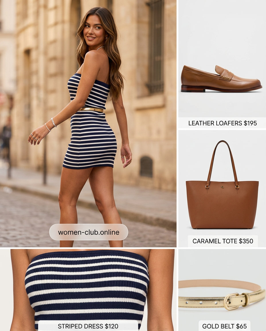 Preppy Summer Mini: Navy & white stripe mini dress with tan loafers, tote bag & gold belt. Summer mini dress outfits for women 2026.