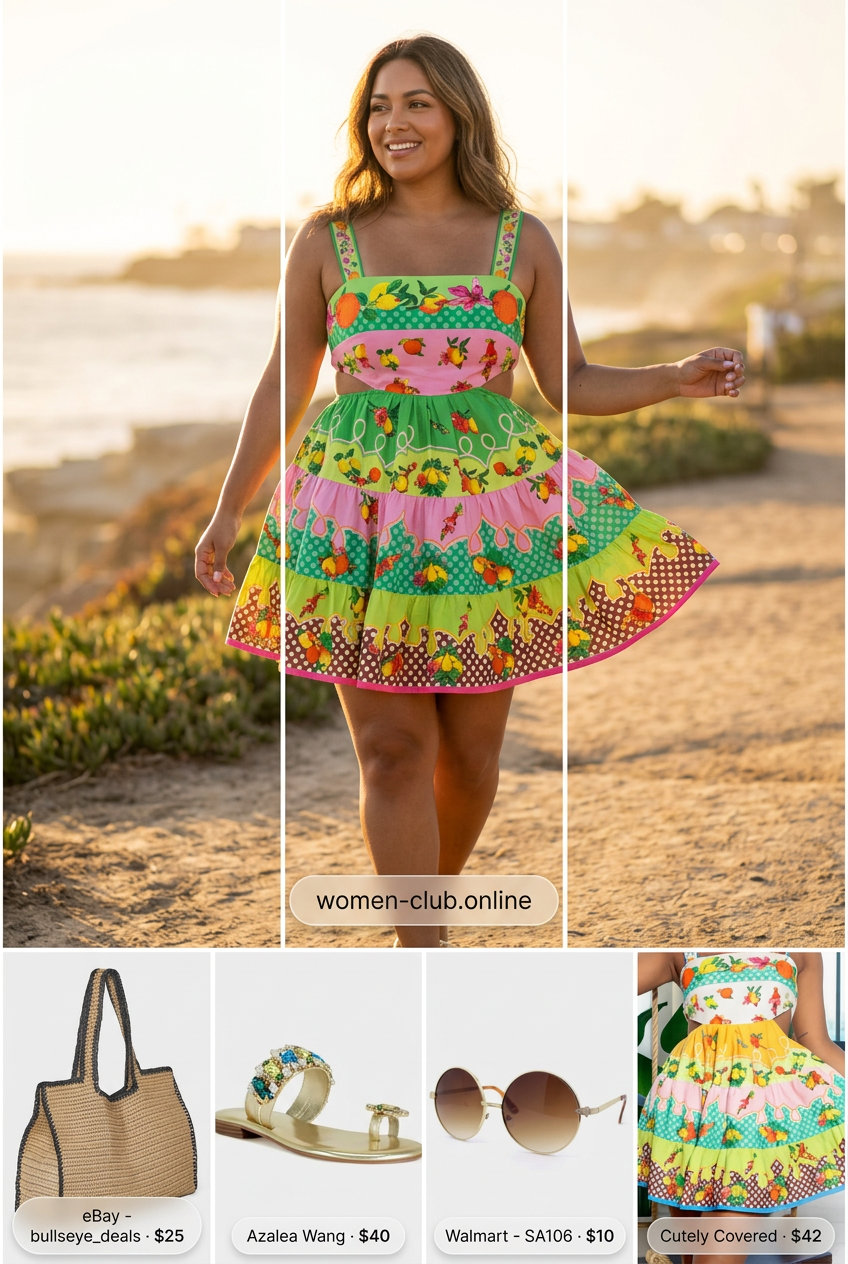 Tropical Getaway Mini: Flowy green, pink, yellow floral mini dress with straw tote & embellished sandals. Summer mini dress outfits for women 2026.