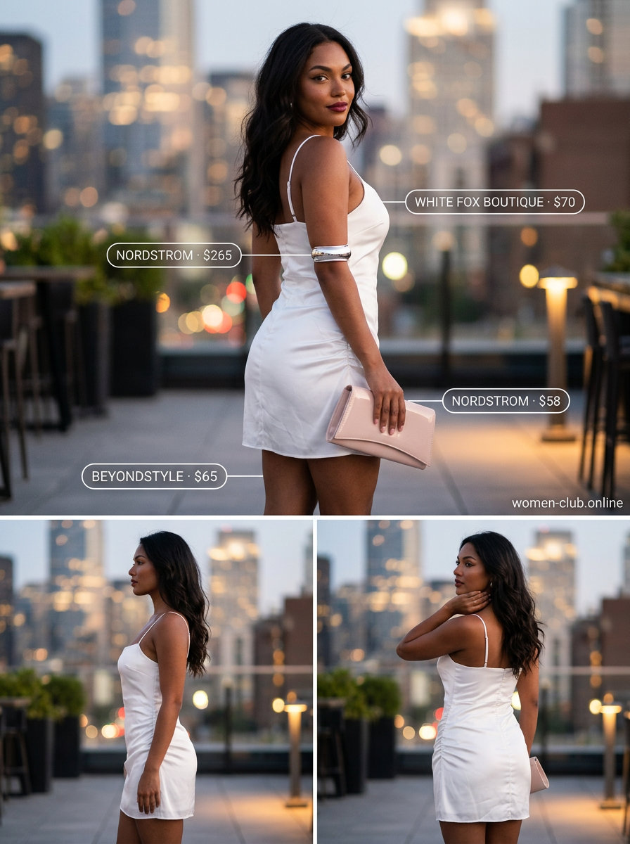 Monochrome Magic Mini: White fitted mini dress with silver mules, cuff bracelet & nude clutch. Summer mini dress outfits for women 2026.