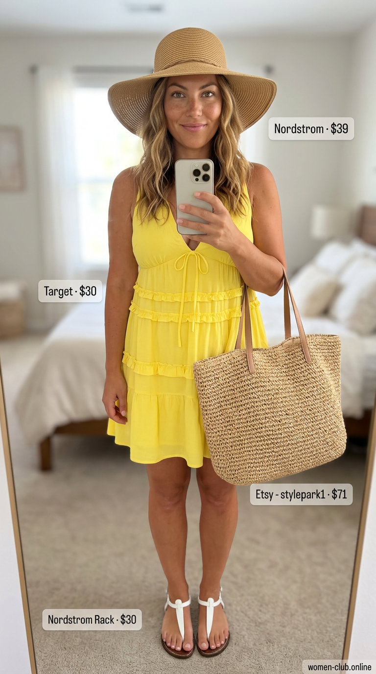 Vacation Ready Yellow Mini Dress Outfit: Tiered dress, white sandals, straw hat & beach tote. For travel.