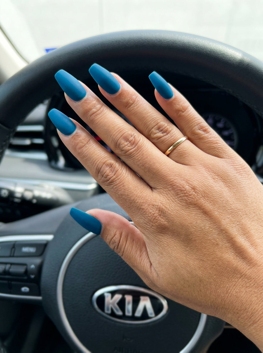 Aqua Velvet Matte Nails 2026 | Elegant Evening Aqua blue velvet matte coffin nails for sophisticated summer nail colors 2026, ideal for formal events.