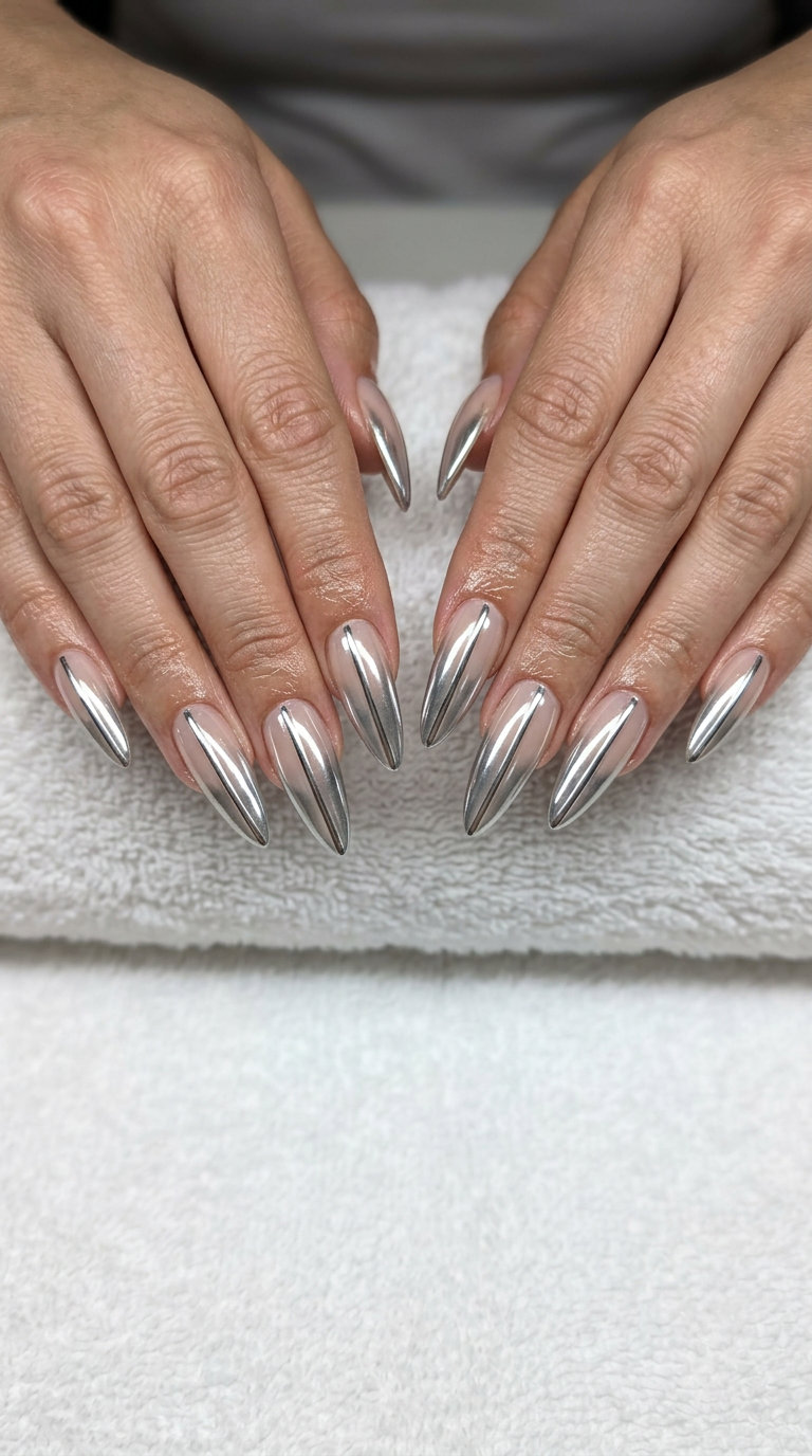 Chrome Silver Lines Nails 2026: Futuristic Glam Chrome silver lines on nude nails, a futuristic summer nail color for parties and special events.
