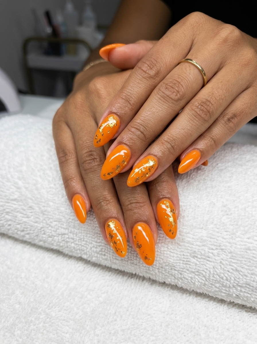 Coral Reef Foil Flakes: Summer Nail Colors 2026 Vibrant coral nails with iridescent foil flakes for summer nail colors 2026, perfect for beach parties and festivals.