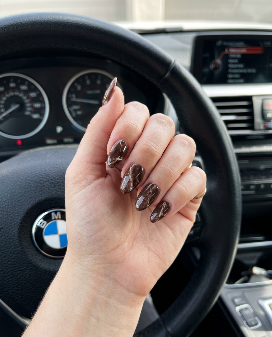Espresso Marble Nails 2026 | Chic Party Style Espresso brown marble effect nails for sophisticated summer nail colors 2026, perfect for parties.