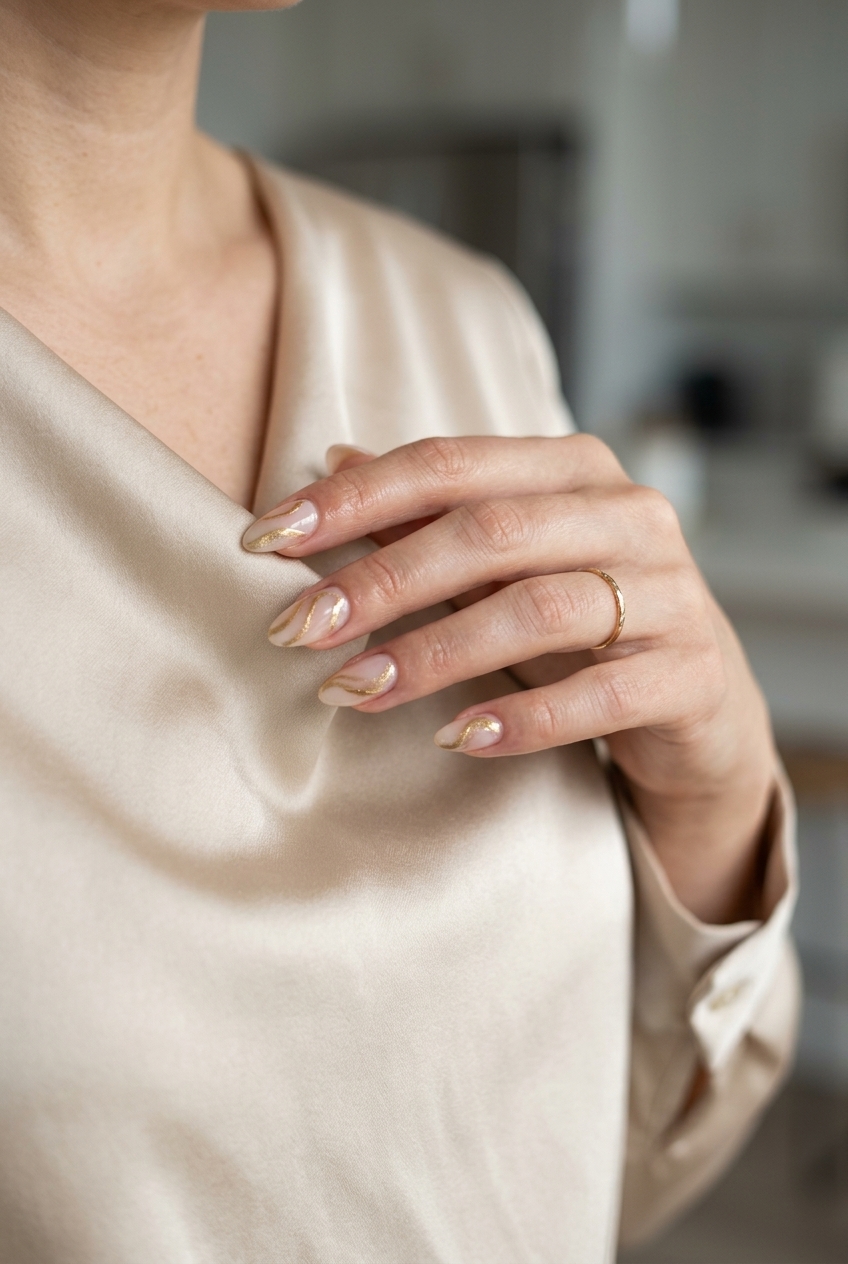 Gold Accent Nails 2026 | Glamorous Evening Shimmering gold accent nails for glamorous summer nail colors 2026, perfect for cocktail hour.