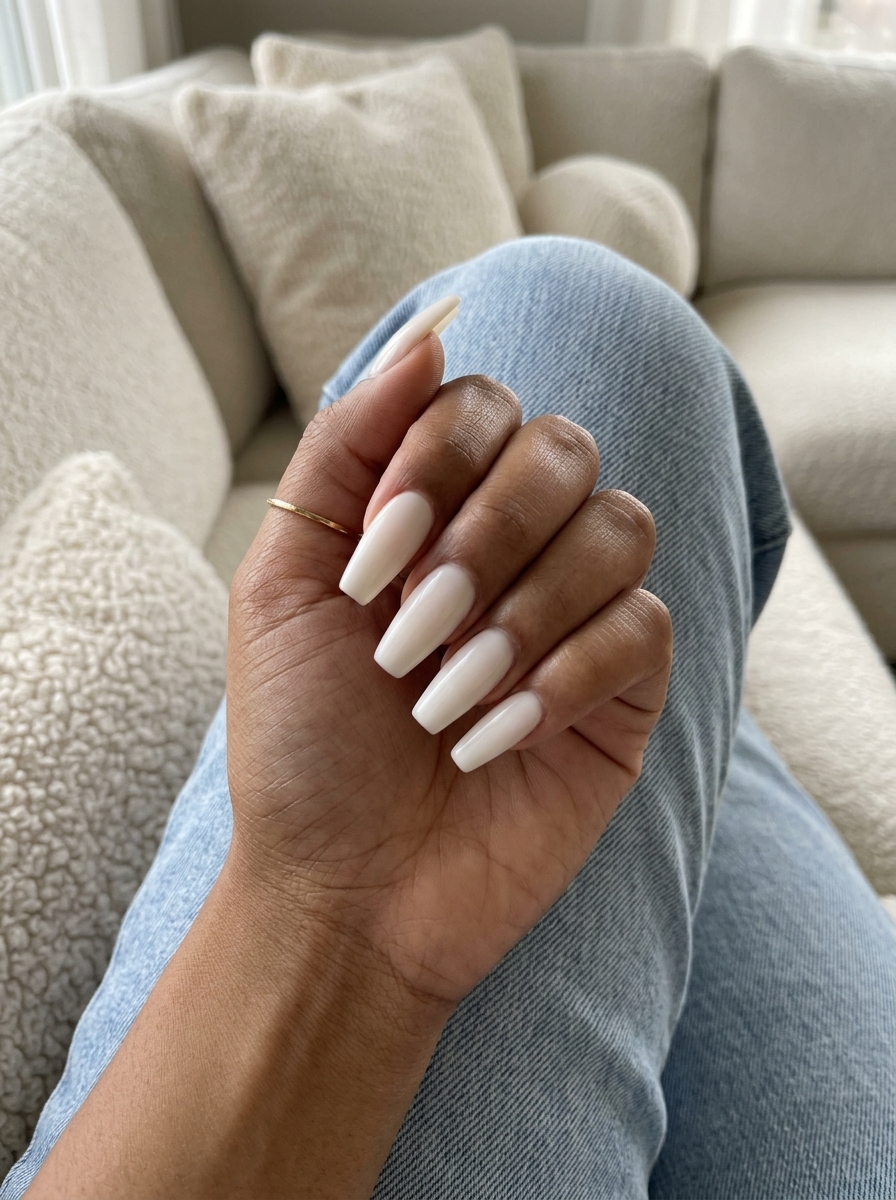 Milky White Coffin Nails 2026: Clean Girl Style Milky white coffin nails, a clean-girl summer nail color for daily wear and weddings.