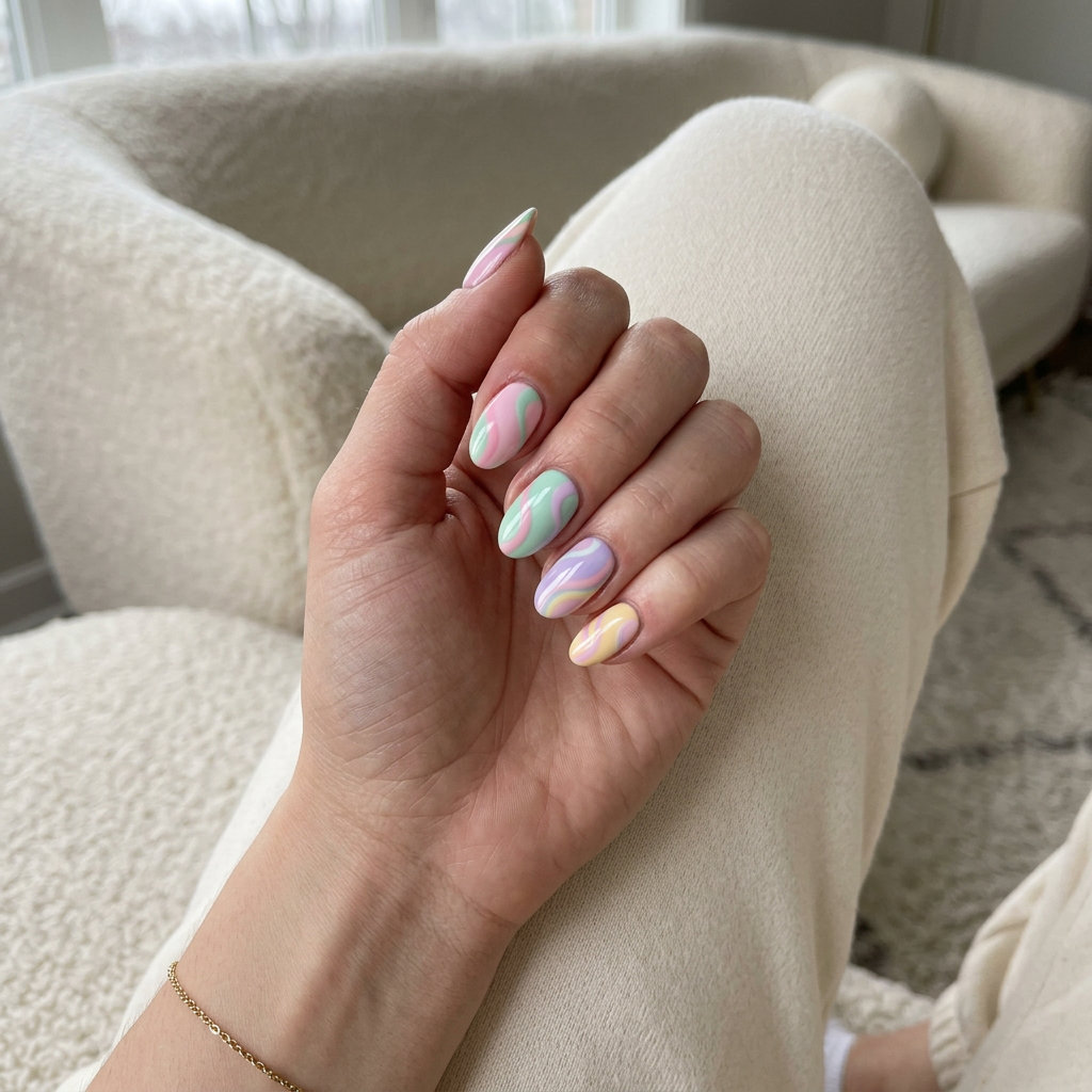 Pastel Rainbow Swirl Nails 2026: Playful Art Pastel rainbow swirl nails, a playful summer nail color for festivals and vacations.