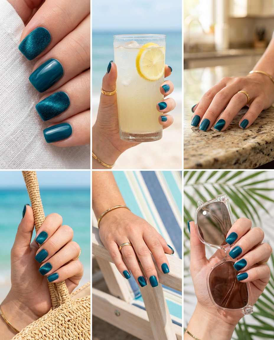 Teal Velvet Accent: Summer Nail Colors 2026 Sophisticated deep teal nails with a matte velvet accent for summer nail colors 2026, ideal for date nights.