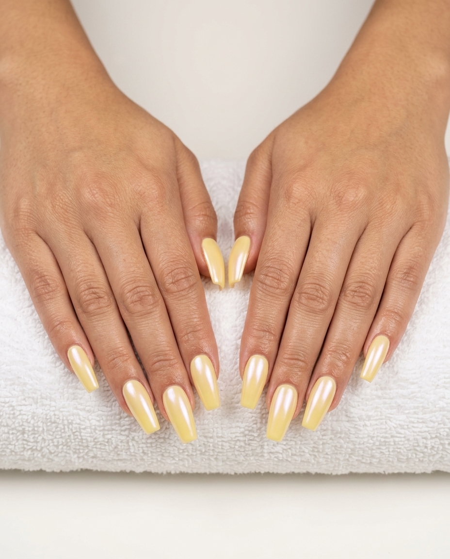 Butter Yellow Glaze Coffin Nails 2026 | Sophisticated Subtle Butter Yellow Glaze Coffin nails for summer nail manicure ideas 2026. Sophisticated glaze for work and casual outings.