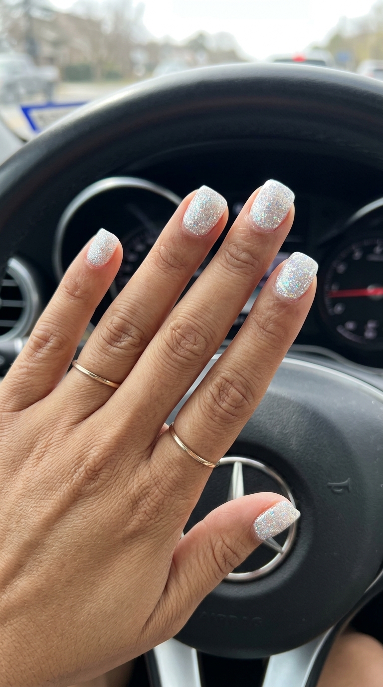 Diamond Dust Sparkle 2026: Glamorous Party Nails Diamond Dust Sparkle Square nails: glamorous white glitter with silver shimmer for parties. Summer nail manicure ideas 2026.