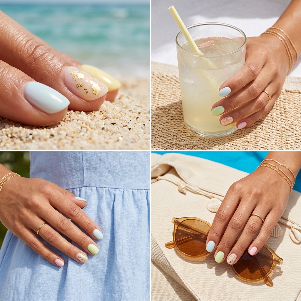 Golden Pastel Dream Nails 2026 | Sweet Casual Golden Pastel Dream short round nails for summer nail manicure ideas 2026. Romantic, sweet casual weekend style.