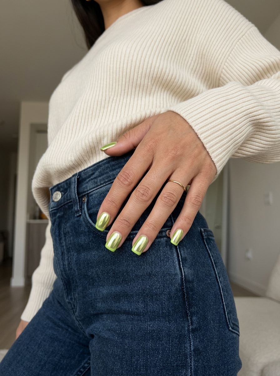 Lime Green Chrome French Tips nails: edgy metallic lime green French tips for festivals. Summer nail manicure ideas 2026.