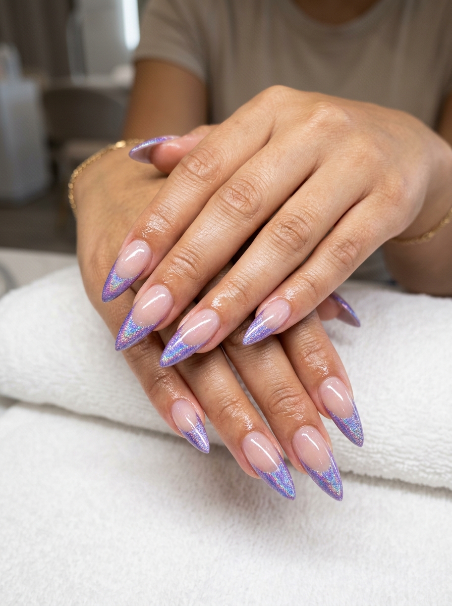 Prismatic Dream French 2026: Futuristic Festival Nails Prismatic Dream French nails: futuristic extra-long stiletto nails with holographic tips. Summer nail manicure ideas 2026.