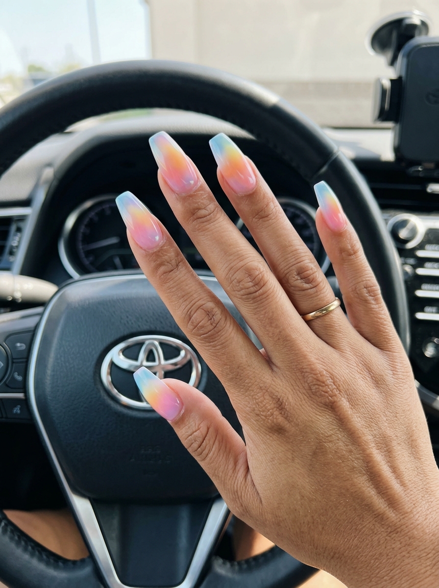 Rainbow Aura Gradient Coffin Nails 2026 | Festival Style Rainbow Aura Gradient Coffin nails for summer nail manicure ideas 2026. Pastel pink, orange, yellow, blue blended gradient for festivals.