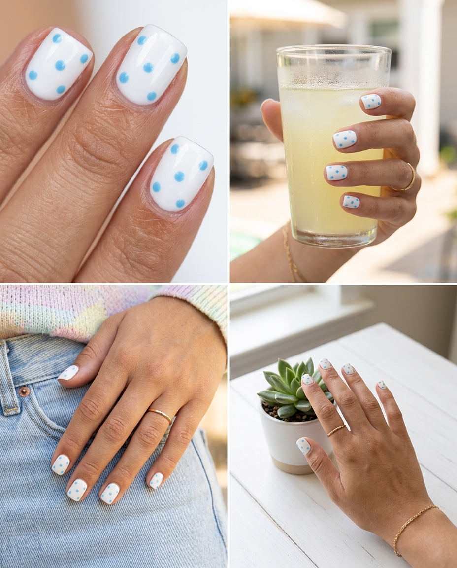 Summer Sky Polka Dot 2026: Playful Casual Nails Summer Sky Polka Dot nails: playful white and sky blue short square nails for casual weekends. Summer nail manicure ideas 2026.