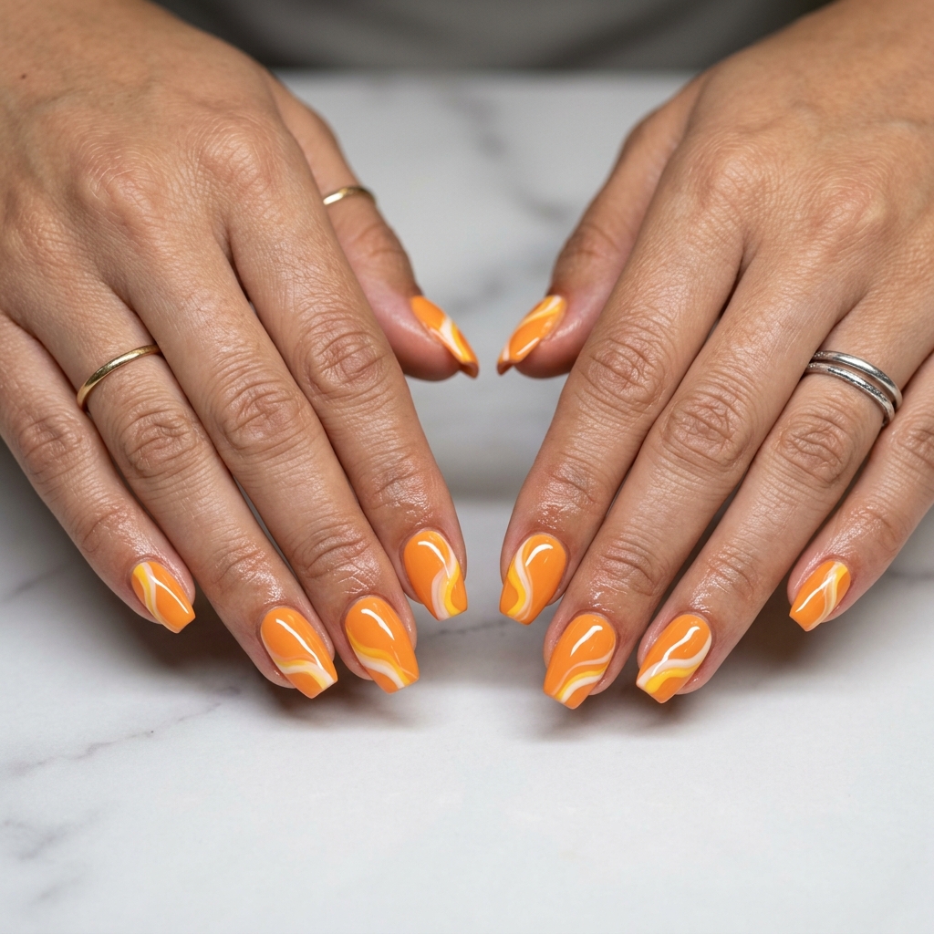 Sunset Abstract Flow Nails 2026 | Artistic Festival Sunset Abstract Flow coffin nails for summer nail manicure ideas 2026. Playful, artistic festival style.