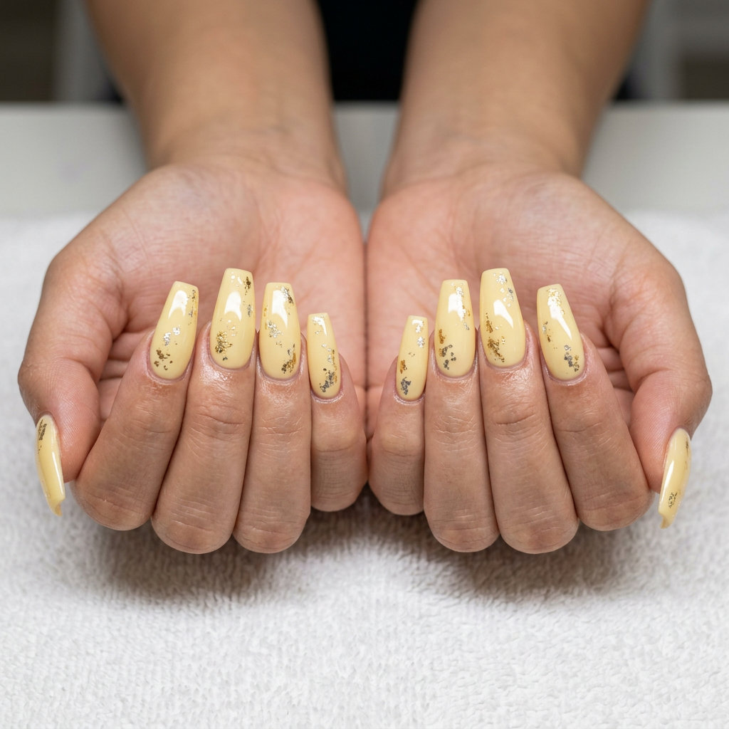 Summer Nails Coffin 2026: Butter Yellow Foil Flake Butter yellow coffin nails with gold & silver foil flakes for summer brunch 2026. Minimalist chic.