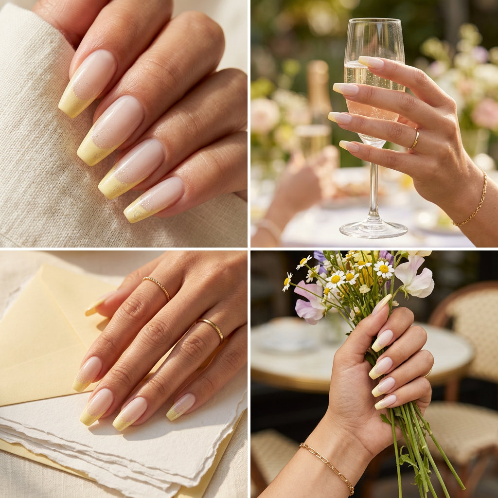 Glitter French Coffin Nails 2026: Romantic Summer Butter yellow glitter French coffin nails for wedding guest 2026. Romantic ethereal style.