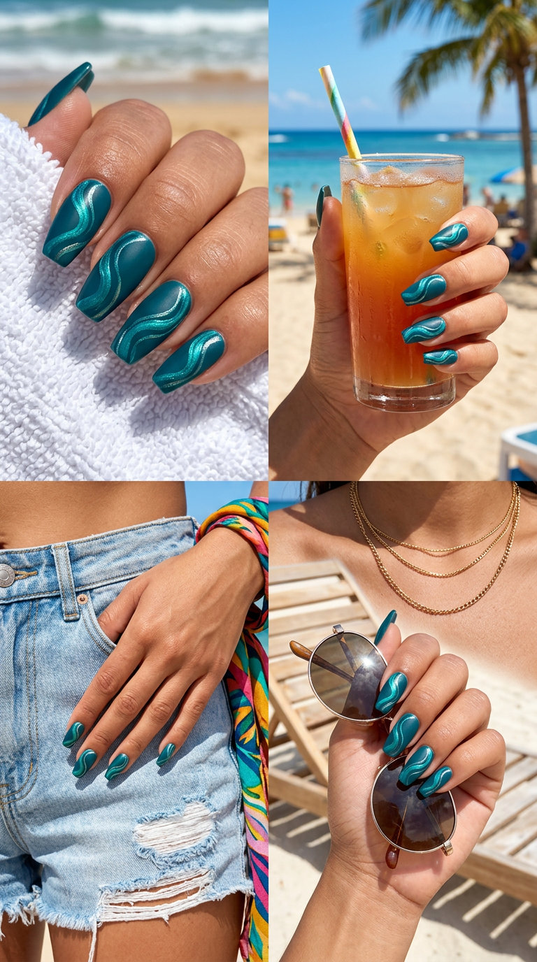 Summer Nails Coffin 2026: Deep Teal Swirls Deep teal coffin nails with metallic swirls for evening events 2026. Sophisticated & elegant.