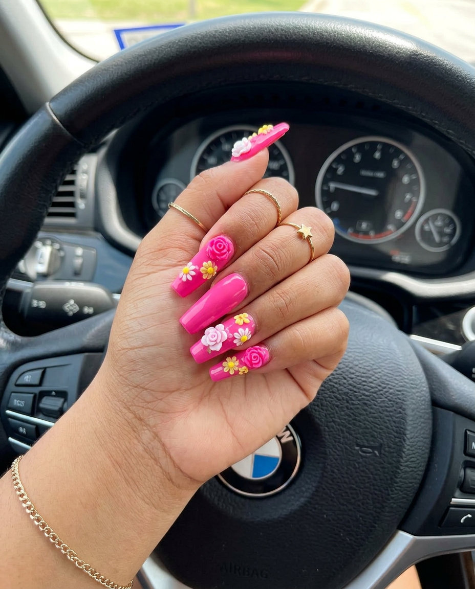 Summer Nails Coffin 2026: Hot Pink 3D Floral Hot pink coffin nails with 3D floral charms for parties 2026. Bold & glamorous statement.