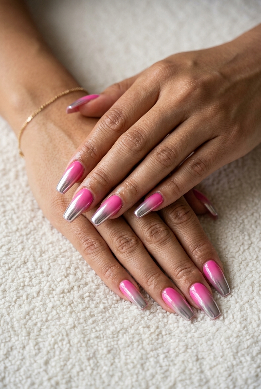 Chrome Gradient Coffin Nails 2026: Edgy Party Style Hot pink chrome gradient coffin nails for party 2026. Edgy futuristic style.