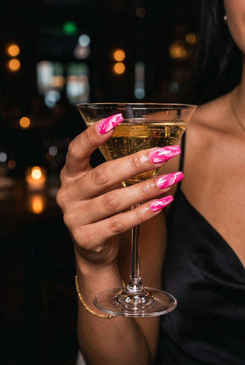 Summer Nails Coffin 2026: Hot Pink Marble Hot pink marble coffin nails for summer parties 2026. Sultry & fashion-forward.